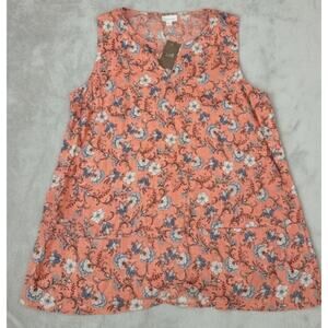 J. Jill Love Linen Floral Sleeveless V-Neck NWT Tank W Large Coral /Blue Pockets